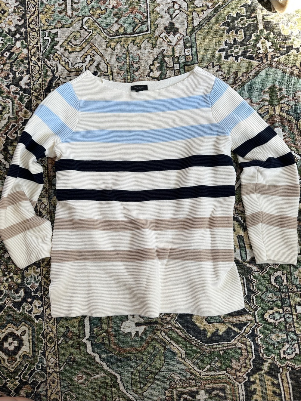 Crewneck Stripe Ribbed Sweater in Cream, Navy & Light Blue
